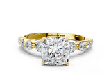 Yellow gold Cushion Solitaire Diamond Ring with Pave Band and Four-Prong Setting_269