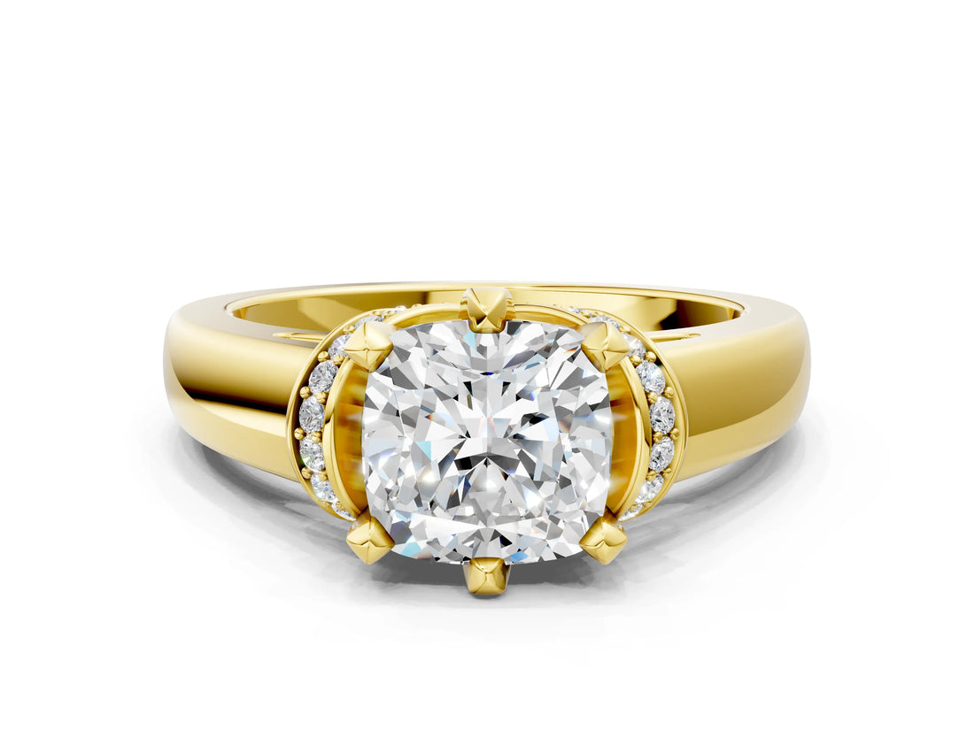 Yellow gold Cushion Solitaire Diamond Ring with Pave Band and Six-Prong Setting_34