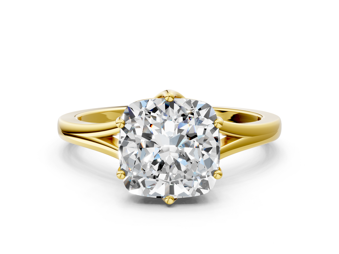 Yellow gold Cushion Solitaire Diamond Ring with Six-Prong Setting and Tapered Band_26
