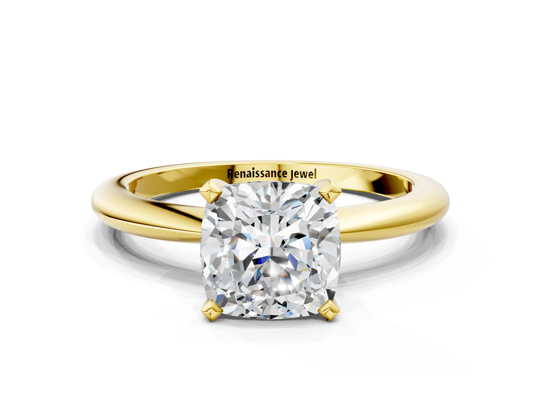 Yellow gold Cushion Solitaire Diamond Ring with Six-Prong Setting on a Classic Band