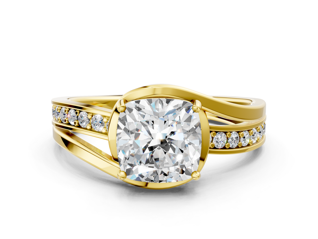 Yellow gold Cushion Solitaire Diamond Ring with Split Shank and Prong Setting_66
