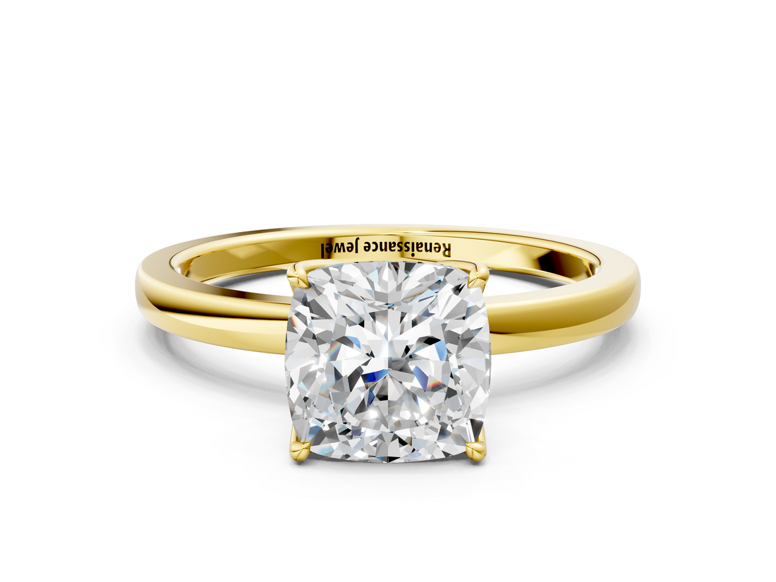 Yellow gold Cushion Solitaire Diamond Ring with Thin Band and Four-Prong Setting_3