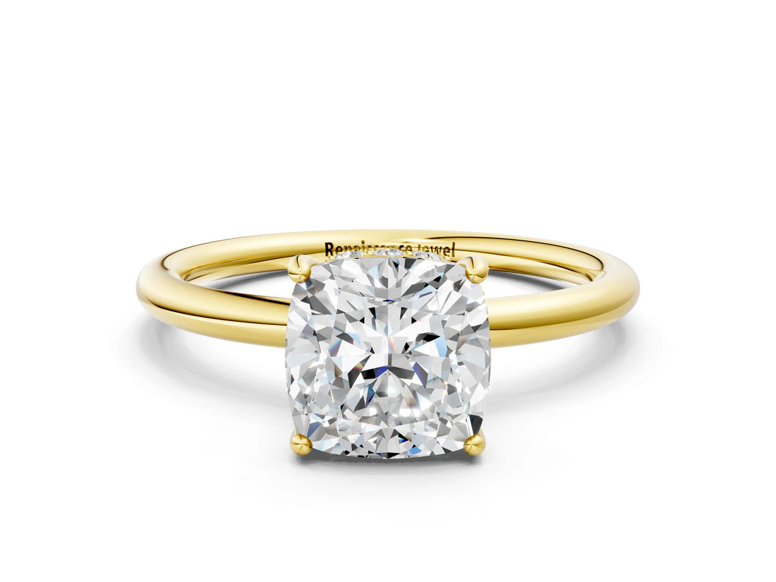 Yellow gold Cushion Solitaire Diamond Ring with a Classic Band and Four-Prong Setting