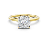 Yellow gold Cushion Solitaire Diamond Ring with a Classic Band and Four-Prong Setting