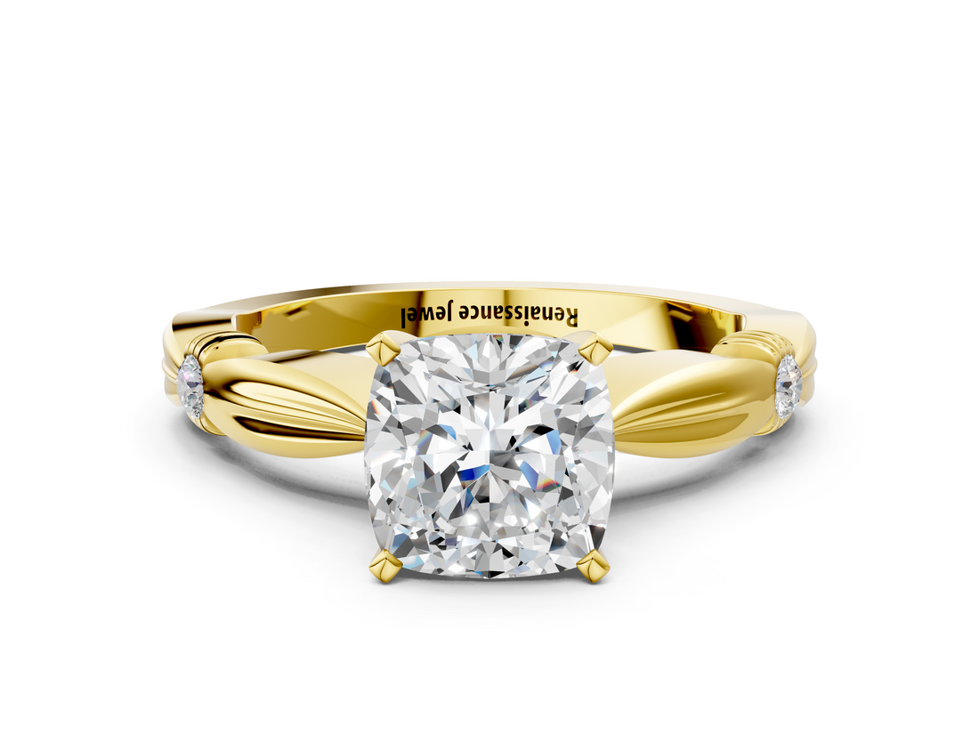 Yellow gold Cushion Solitaire Diamond Twisted Band with Four-Prong Setting_47