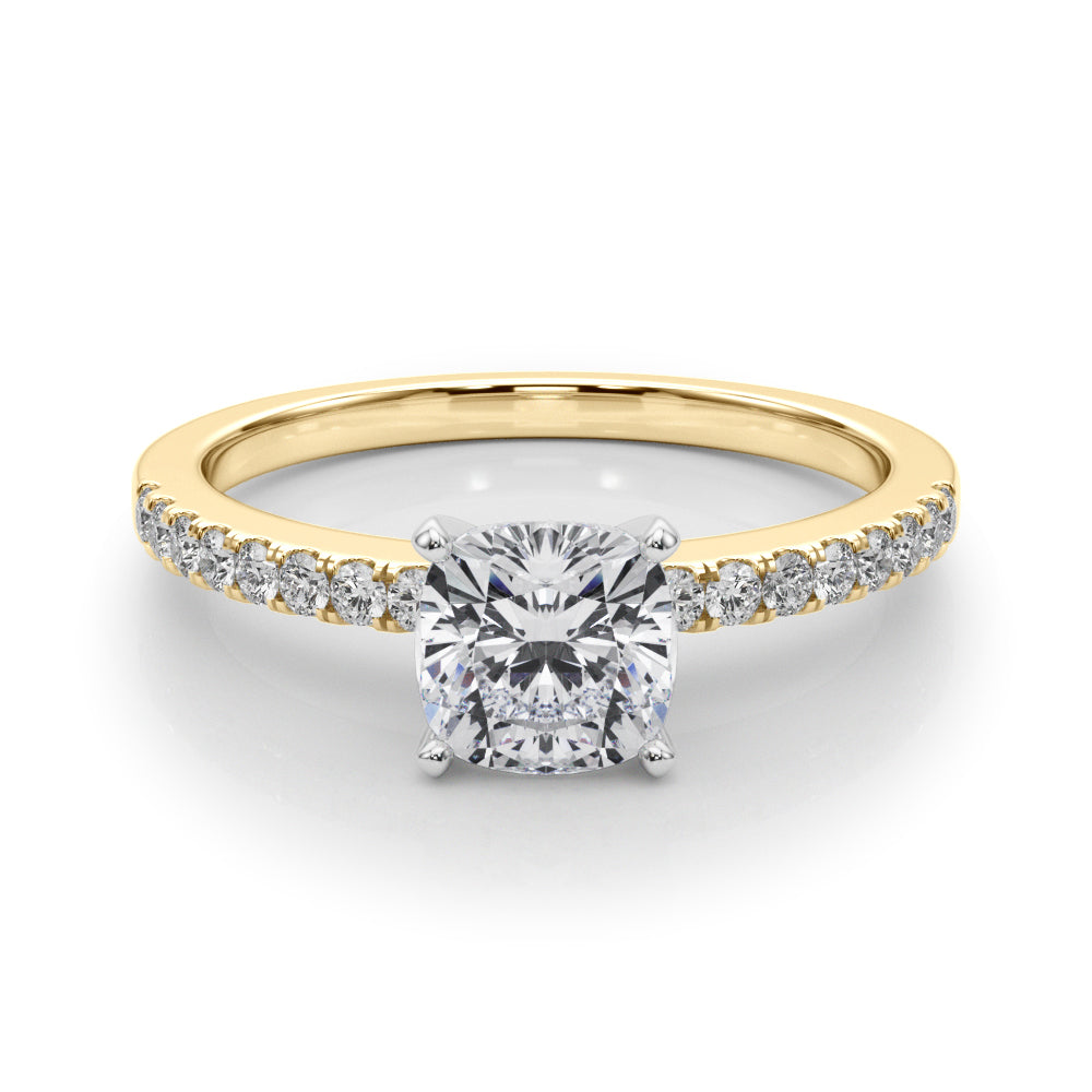 Yellow gold Cushion Solitaire Diamond with Pavé Band and Four-Prong Setting 1