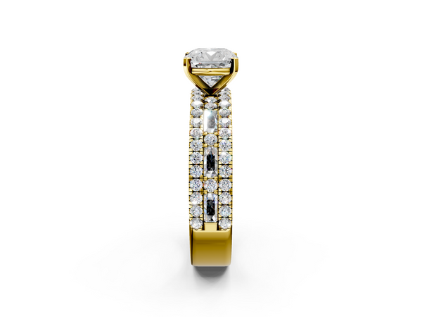 Yellow gold Cushion Cut Diamond Solitaire Ring with Pavé and Channel Set Band