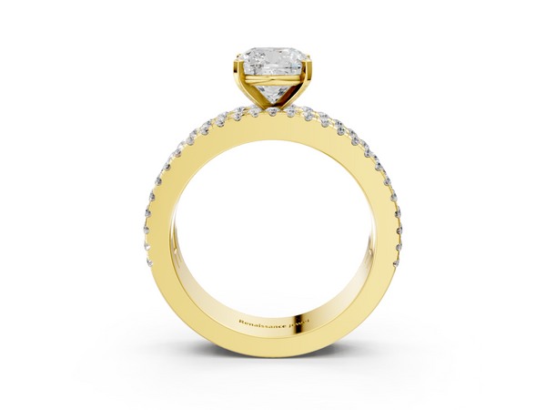 Yellow gold Cushion Cut Diamond Solitaire Ring with Pavé and Channel Set Band