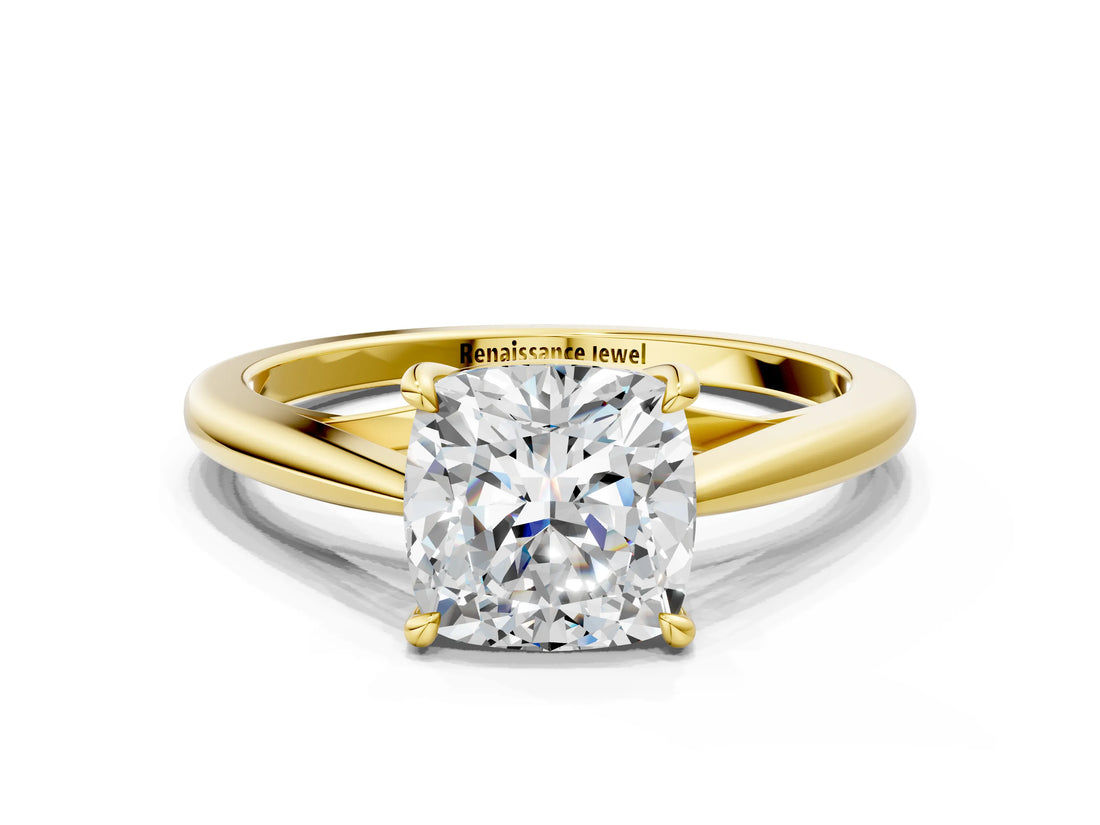 Yellow gold Cushion Solitaire Engagement Ring with Four-Prong Setting and Classic Band