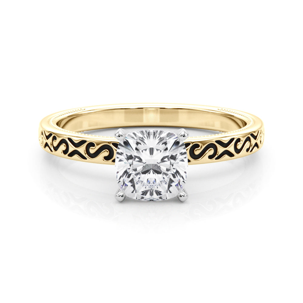 Yellow gold Cushion Solitaire Engagement Ring with Scrollwork Band and Four-Prong Setting 1
