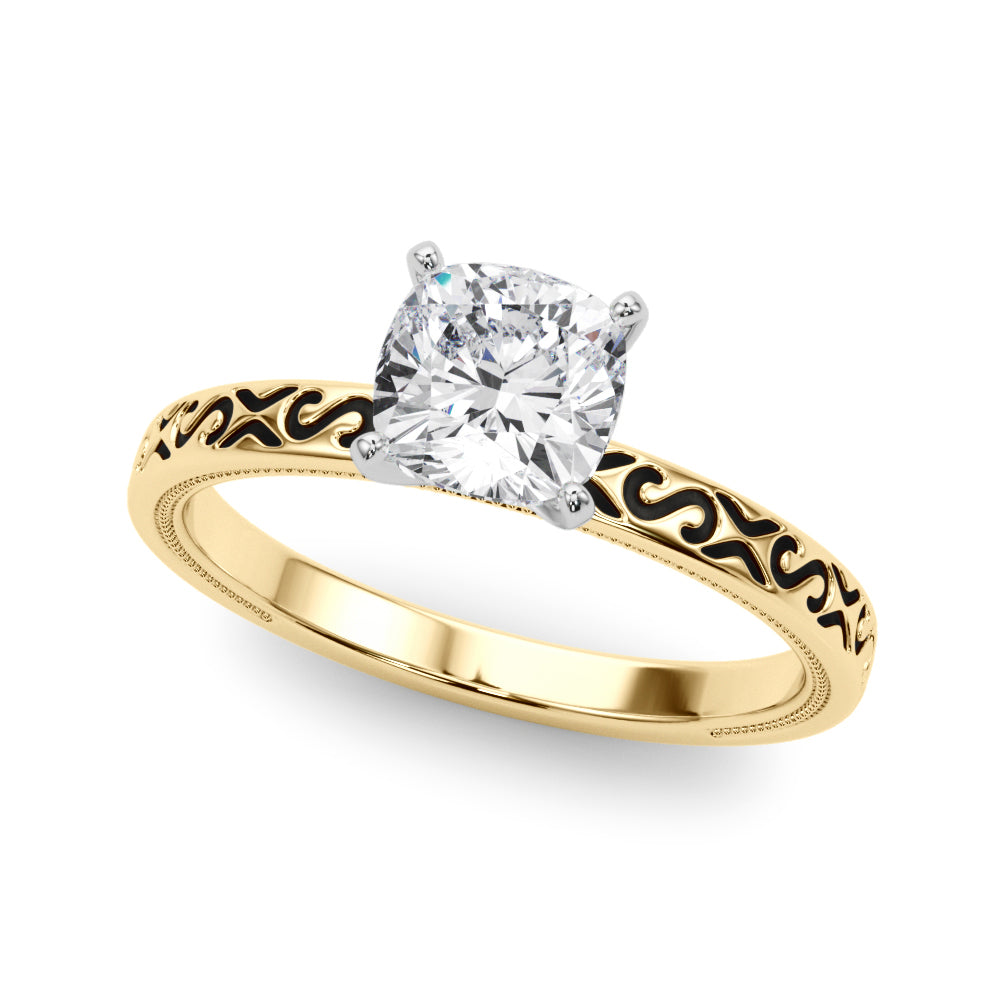 Yellow gold Cushion Solitaire Engagement Ring with Scrollwork Band and Four-Prong Setting