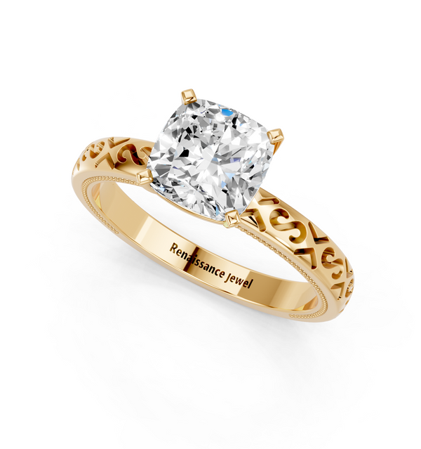 14K Yellow Gold 2.03 Carat D VVS2 Cushion Solitaire Engagement Ring with Scrollwork Band and Four-Prong Setting