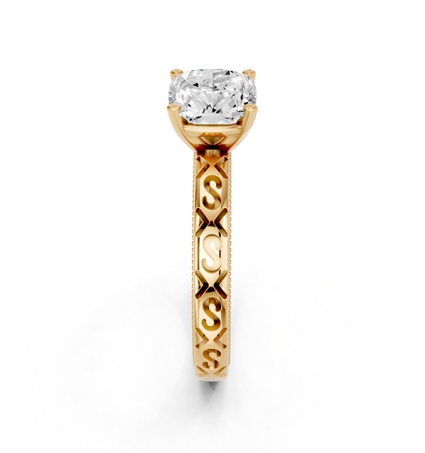 14K Yellow Gold 2.03 Carat D VVS2 Cushion Solitaire Engagement Ring with Scrollwork Band and Four-Prong Setting