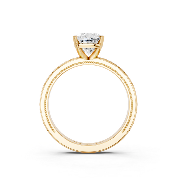 14K Yellow Gold 2.03 Carat D VVS2 Cushion Solitaire Engagement Ring with Scrollwork Band and Four-Prong Setting