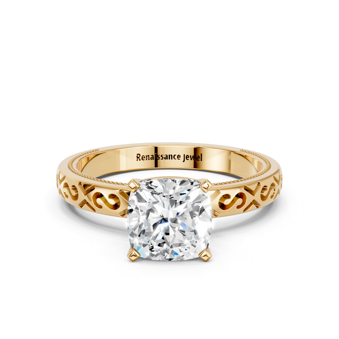 14K Yellow Gold 2.03 Carat D VVS2 Cushion Solitaire Engagement Ring with Scrollwork Band and Four-Prong Setting