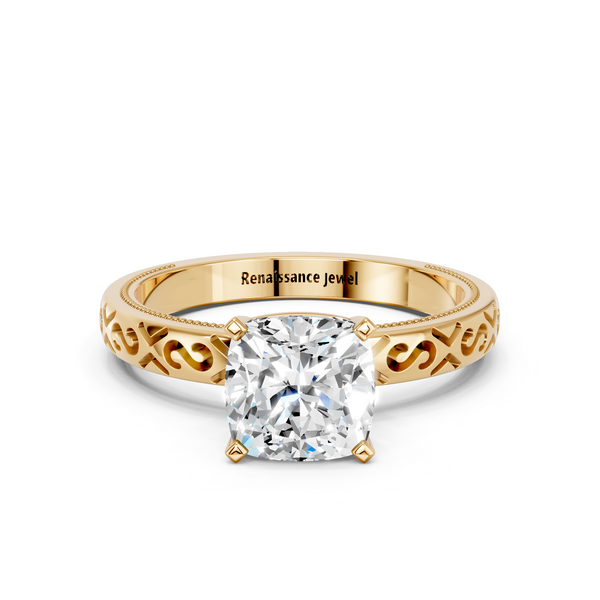 14K Yellow Gold 2.03 Carat D VVS2 Cushion Solitaire Engagement Ring with Scrollwork Band and Four-Prong Setting