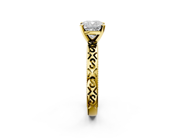 Yellow Gold Cushion Cut Solitaire Engagement Ring Setting with Openwork Scroll Band