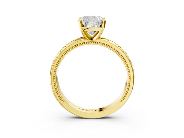 Yellow Gold Cushion Cut Solitaire Engagement Ring Setting with Openwork Scroll Band