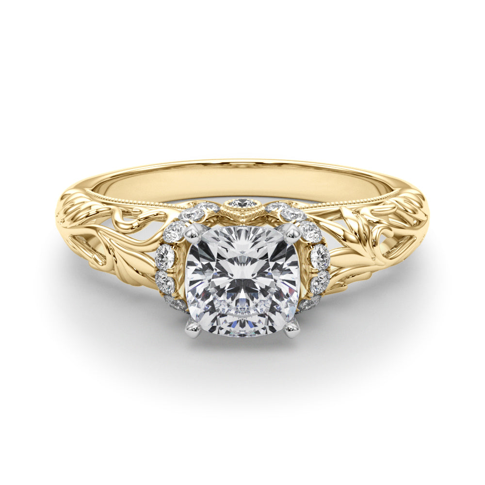 Yellow gold Cushion Solitaire Filigree Engagement Ring with Halo and Prong Setting 1