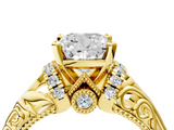 Yellow gold Cushion Solitaire Filigree Engagement Ring with Halo and Prong Setting_82