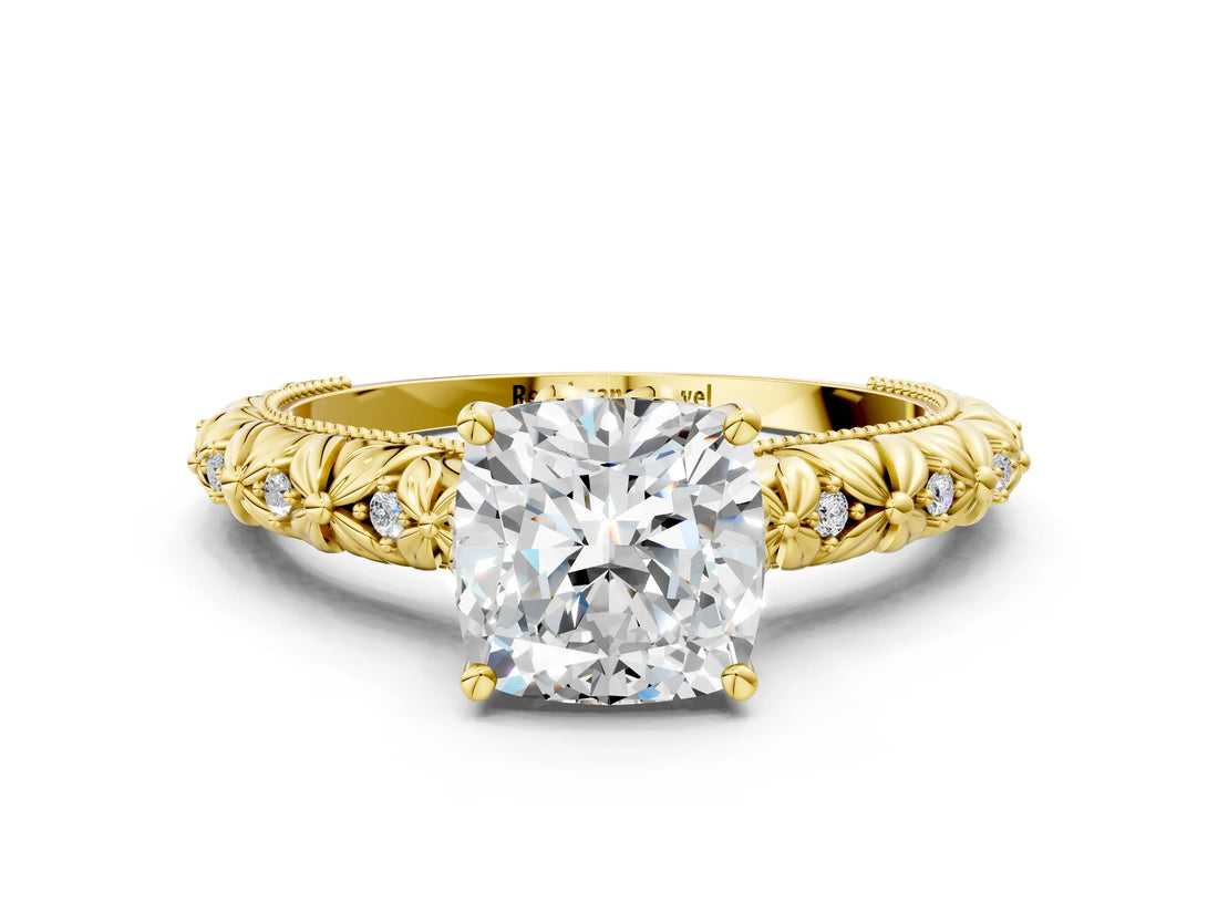 Yellow gold Cushion Solitaire Floral Milgrain Engagement Ring_31