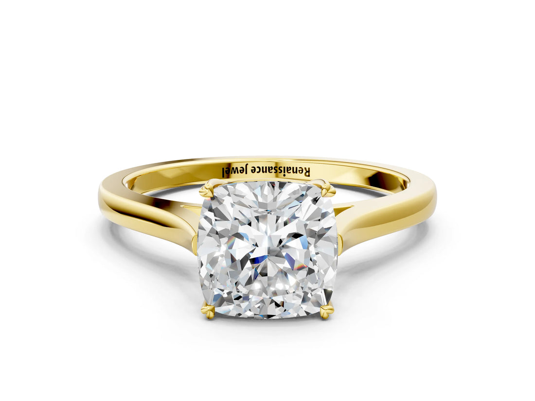 Yellow gold Cushion Solitaire Heart Prong Engagement Ring with Tapered Band_51