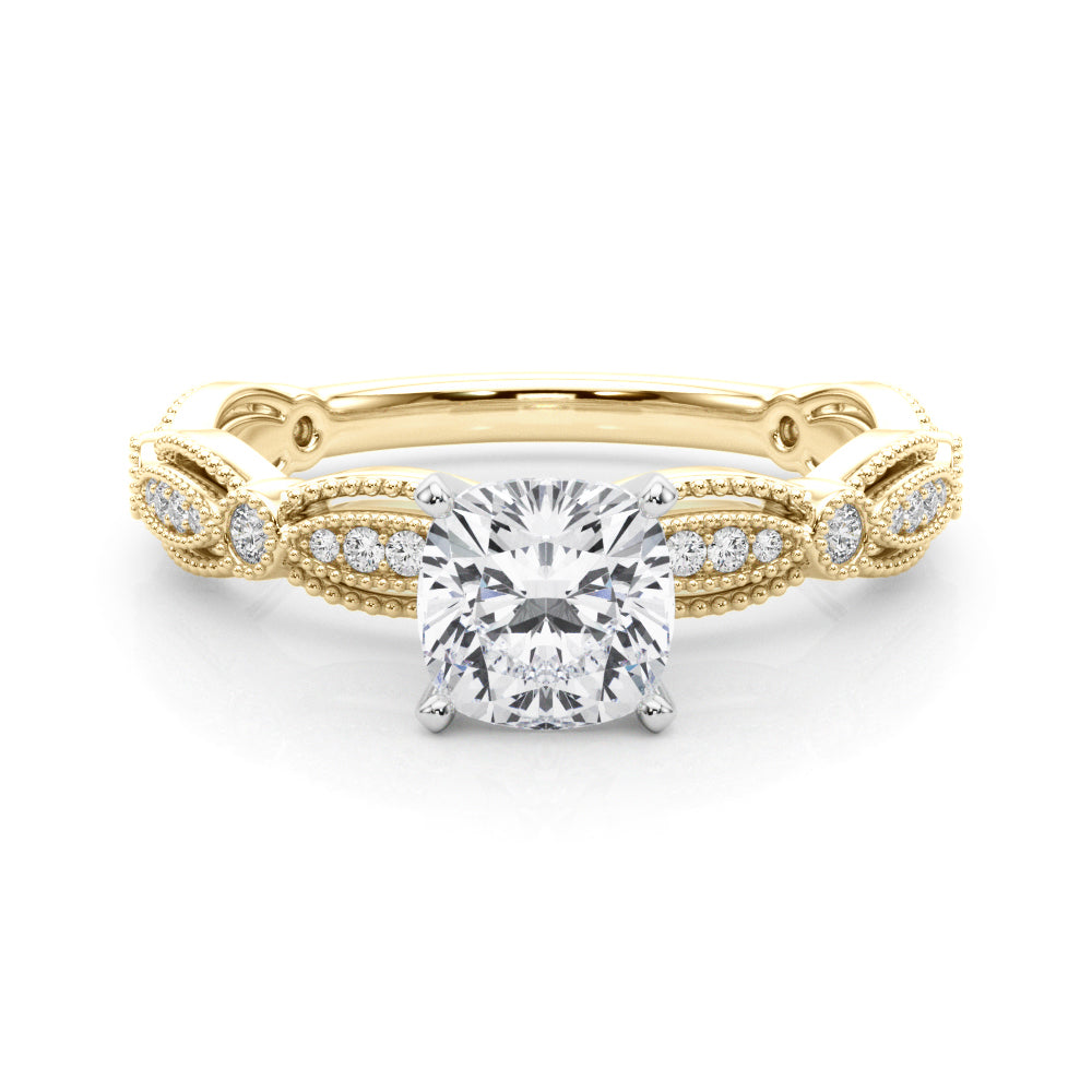 Yellow gold Cushion Solitaire Milgrain Diamond Engagement Ring with Bezel and Marquise Band 1