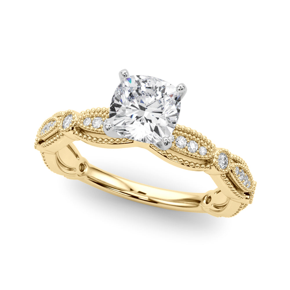 Yellow gold Cushion Solitaire Milgrain Diamond Engagement Ring with Bezel and Marquise Band
