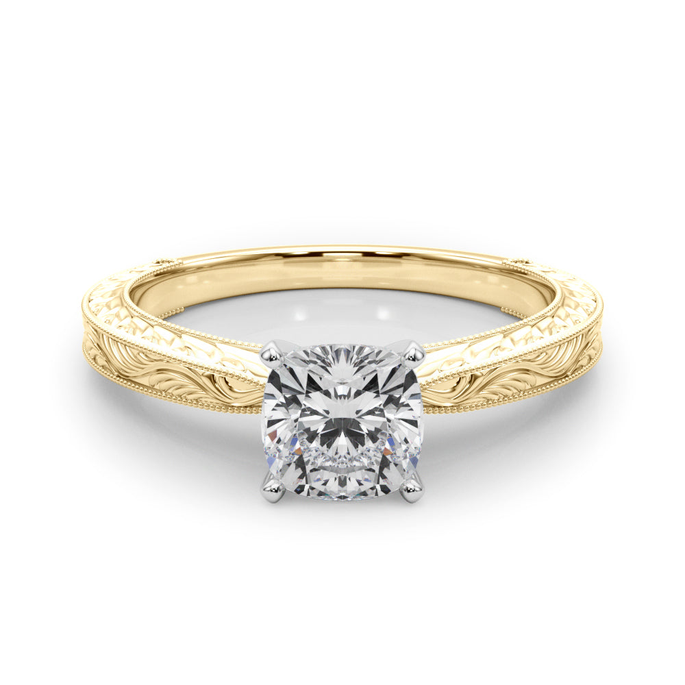 Yellow gold Cushion Solitaire Milgrain Engraved Band with Four-Prong Setting 1