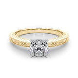 Yellow gold Cushion Solitaire Milgrain Engraved Band with Four-Prong Setting 1