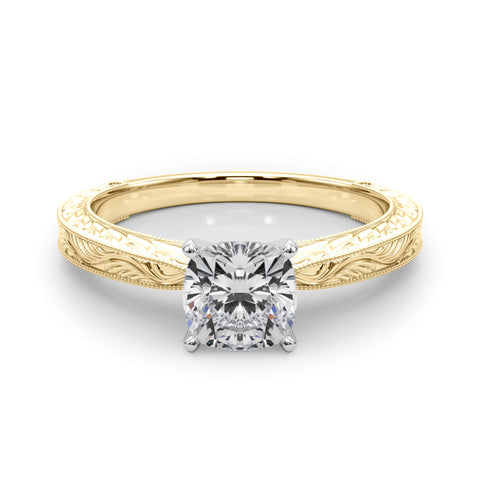 Yellow gold Cushion Solitaire Milgrain Engraved Band with Four-Prong Setting 1
