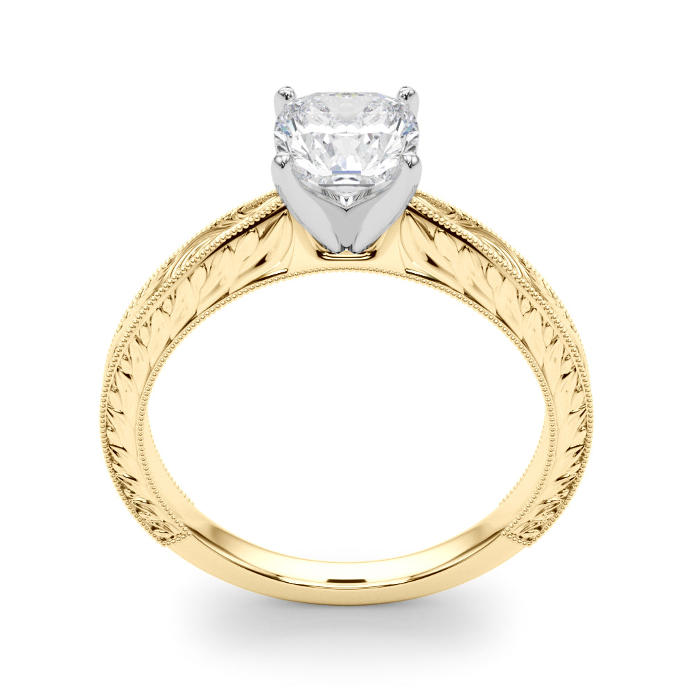 Yellow gold Cushion Solitaire Milgrain Engraved Band with Four-Prong Setting 2