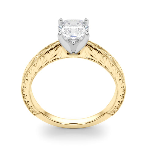 Yellow gold Cushion Solitaire Milgrain Engraved Band with Four-Prong Setting 2