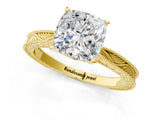 Yellow gold Cushion Solitaire Milgrain Engraved Band with Four-Prong Setting_5