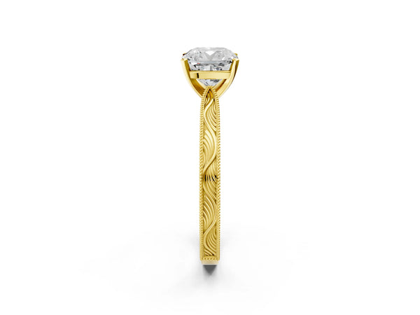 Yellow Gold Cushion Cut Vintage Solitaire Engagement Ring Setting with Milgrain Engraved Band