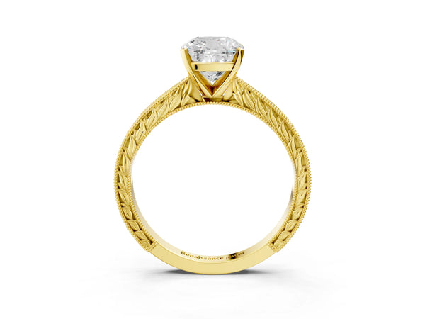 Yellow Gold Cushion Cut Vintage Solitaire Engagement Ring Setting with Milgrain Engraved Band