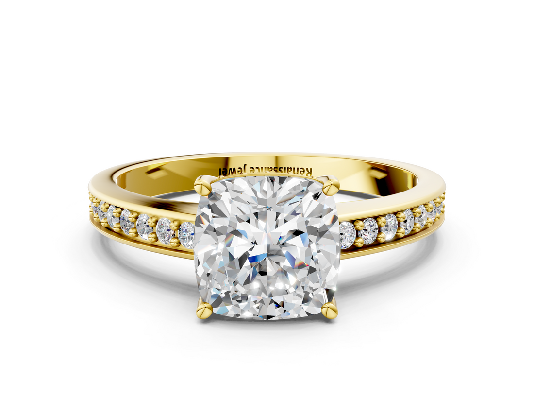 Yellow gold Cushion Solitaire Pavé Band Prong Setting Ring_20