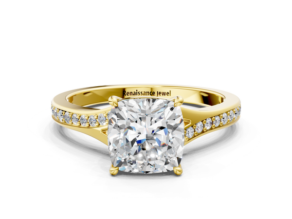 Yellow gold Cushion Cut Diamond Solitaire Ring with Pavé Band and Prong Setting