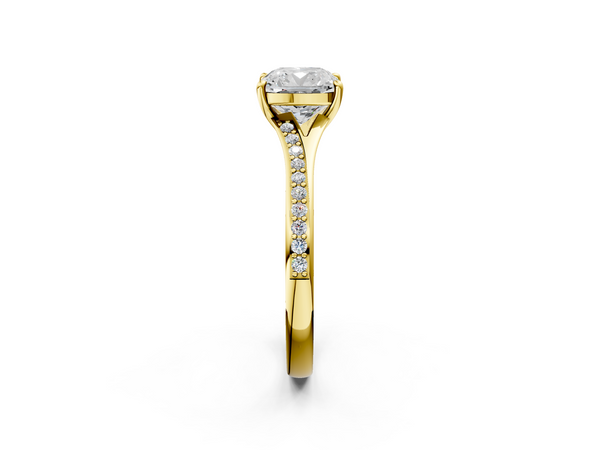 Yellow gold Cushion Cut Diamond Solitaire Ring with Pavé Band and Prong Setting