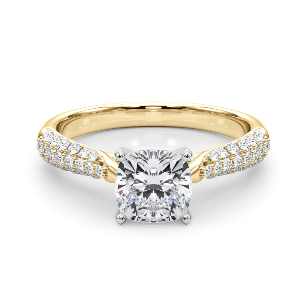 Yellow gold Cushion Solitaire Pavé Diamond Engagement Ring with Four-Prong Setting 1