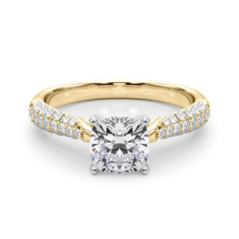 Yellow gold Cushion Solitaire Pavé Diamond Engagement Ring with Four-Prong Setting 1