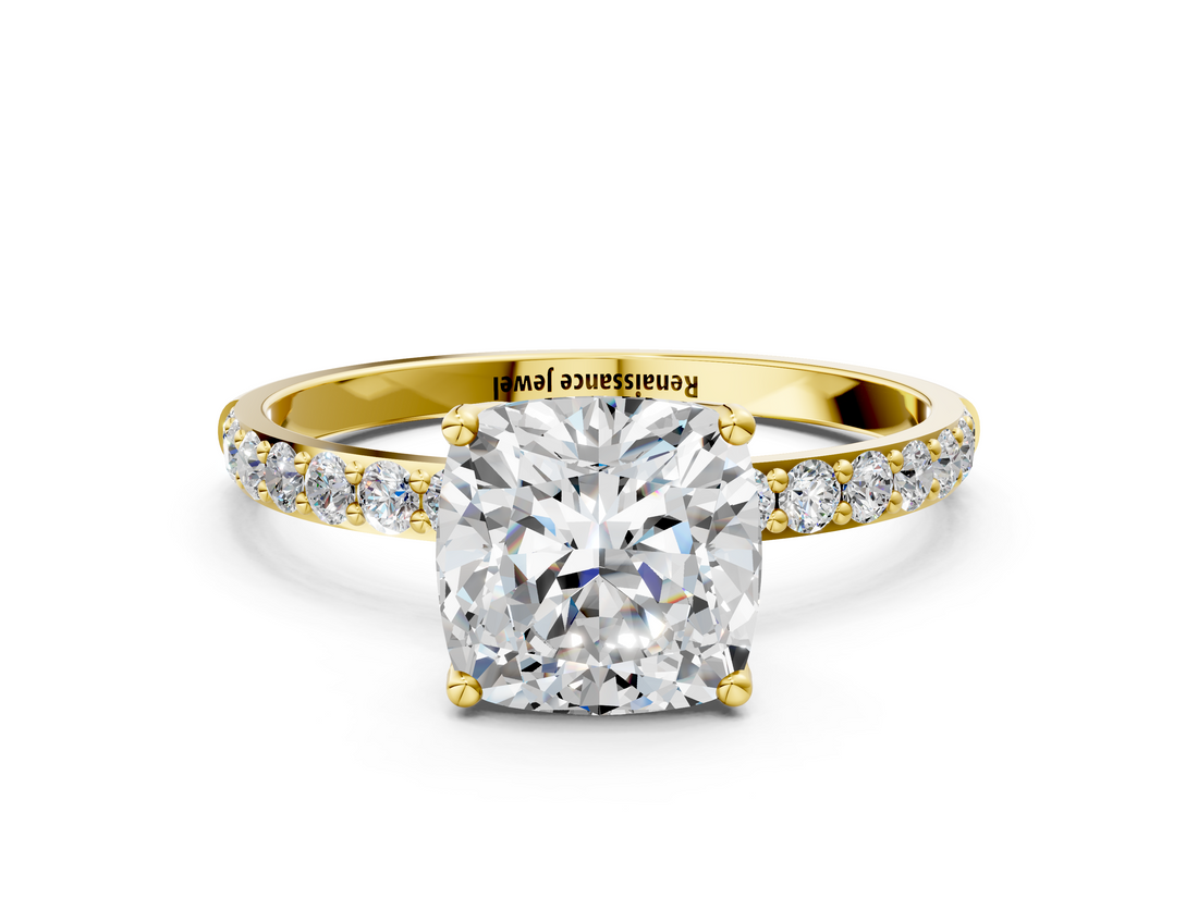 Yellow gold Cushion Solitaire Pavé Diamond Engagement Ring with Four-Prong Setting_45