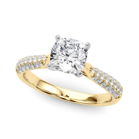Yellow gold Cushion Solitaire Pavé Diamond Engagement Ring with Four-Prong Setting
