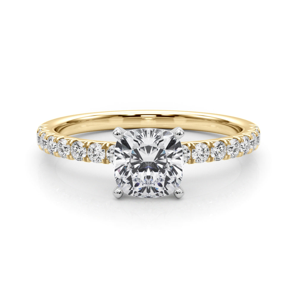 Yellow gold Cushion Solitaire Pave Diamond Engagement Ring with Four-Prong Setting 1