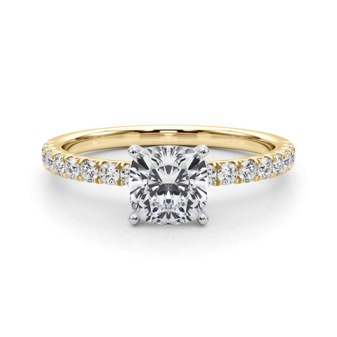 Yellow gold Cushion Solitaire Pave Diamond Engagement Ring with Four-Prong Setting 1