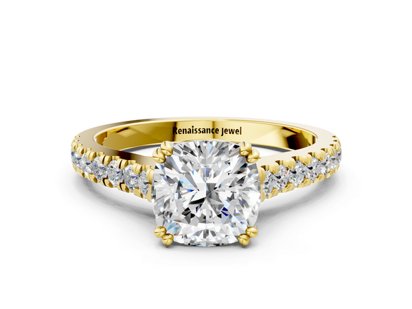 Yellow gold Cushion Solitaire Pave Diamond Engagement Ring with Prong Setting