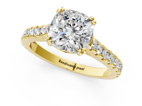 Yellow gold Cushion Solitaire Pave Diamond Engagement Ring with Prong Setting