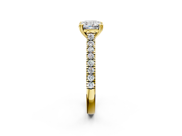 Yellow gold Cushion Solitaire Pave Diamond Engagement Ring with Prong Setting