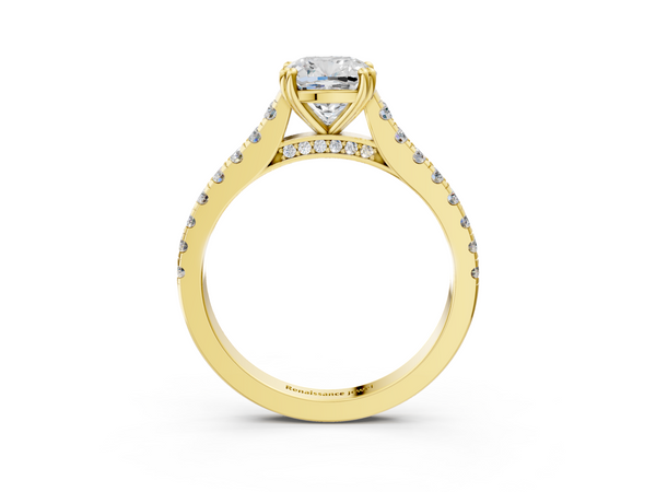 Yellow gold Cushion Solitaire Pave Diamond Engagement Ring with Prong Setting