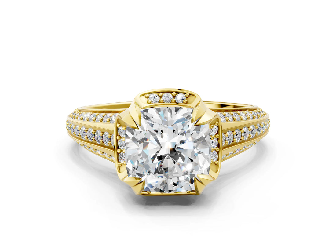 Yellow gold Cushion Solitaire Pave Split Shank Ring with Four-Prong Setting_110